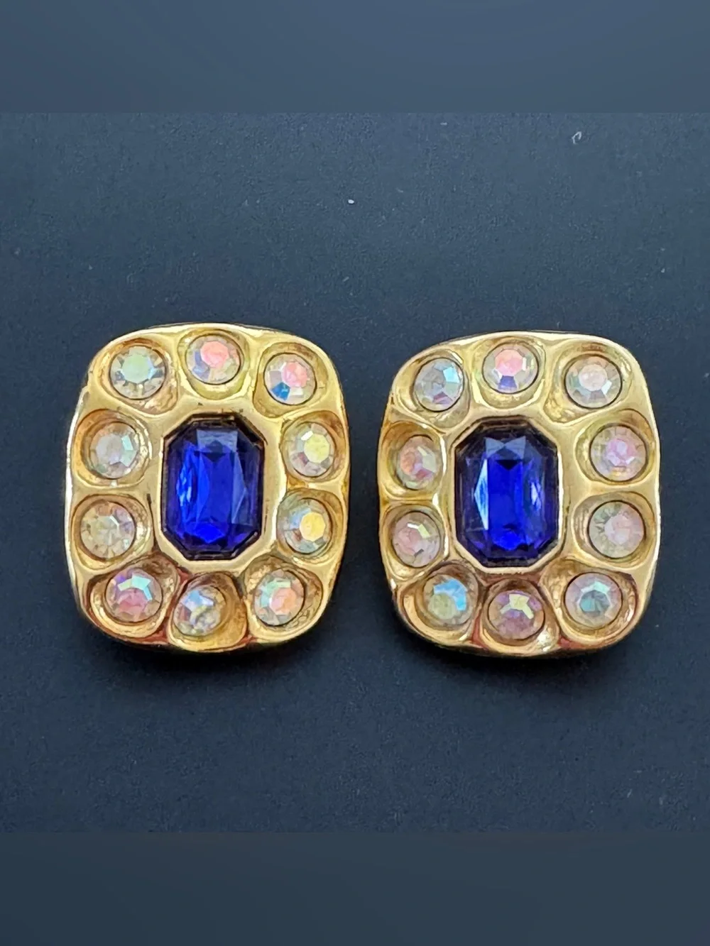 Opulent French Colbolt Blue Glass Cabonchon Stones Gold-Tone AB Crystal Earrings